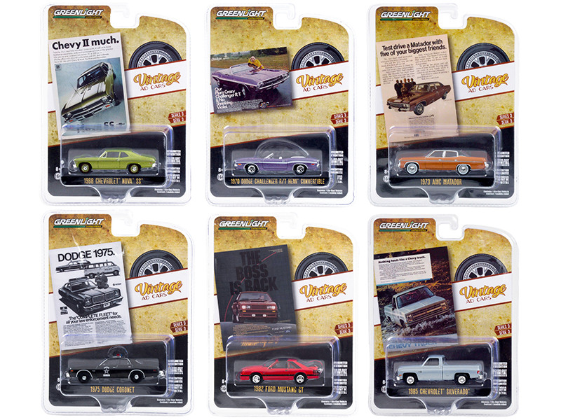 Vintage Ad Cars Set of 6 pieces Series 3 1/64 Diecast Model Cars Greenlight 39050