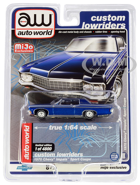 1970 Chevrolet Impala Sport Coupe Blue Metallic Custom Lowriders Limited Edition 4800 pieces Worldwide 1/64 Diecast Model Car Autoworld CP7666