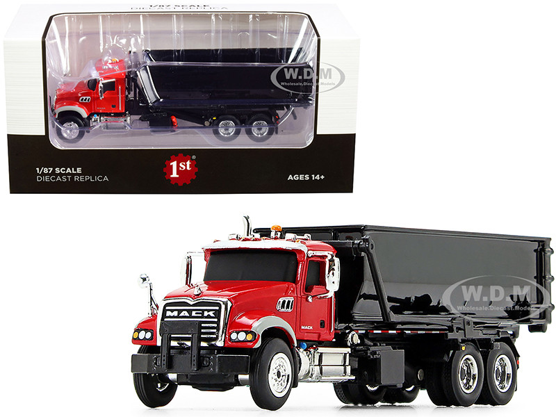 Mack Granite Tub-Style Roll-Off Container Dump Truck Red Black 1/87 Diecast Model First Gear 80-0344