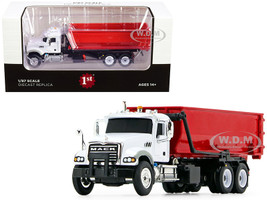 Mack Granite Tub-Style Roll-Off Container Dump Truck White Red 1/87 Diecast Model First Gear 80-0345