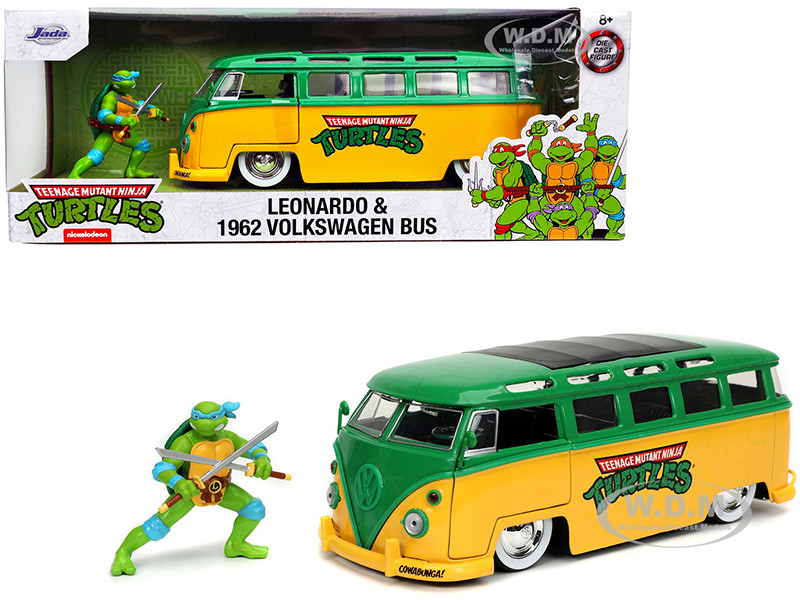 1962 Volkswagen Bus Yellow Green Leonardo Diecast Figurine Teenage Mutant Ninja Turtles TV Series 1/24 Diecast Model Car Jada 31786