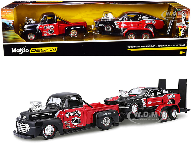 1948 Ford F-1 Pickup Truck #48 1967 Ford Mustang GT Flatbed Trailer Pony Up Red Black Set of 3 pieces Elite Transport Series 1/24 Diecast Model Cars Maisto 32751