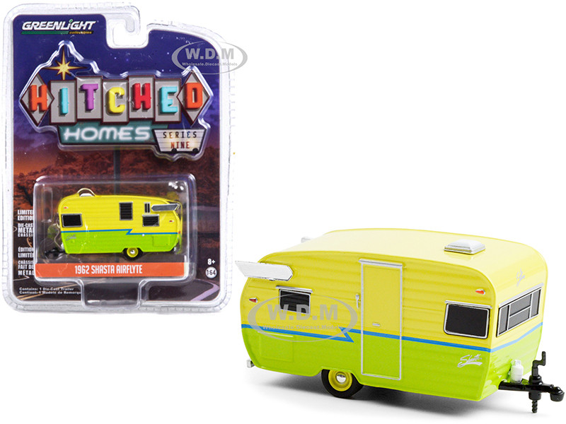 1962 Shasta Airflyte Travel Trailer Yellow and Green with Blue Stripe Hitched Homes Series 9 1/64 Diecast Model by Greenlight 34090 E