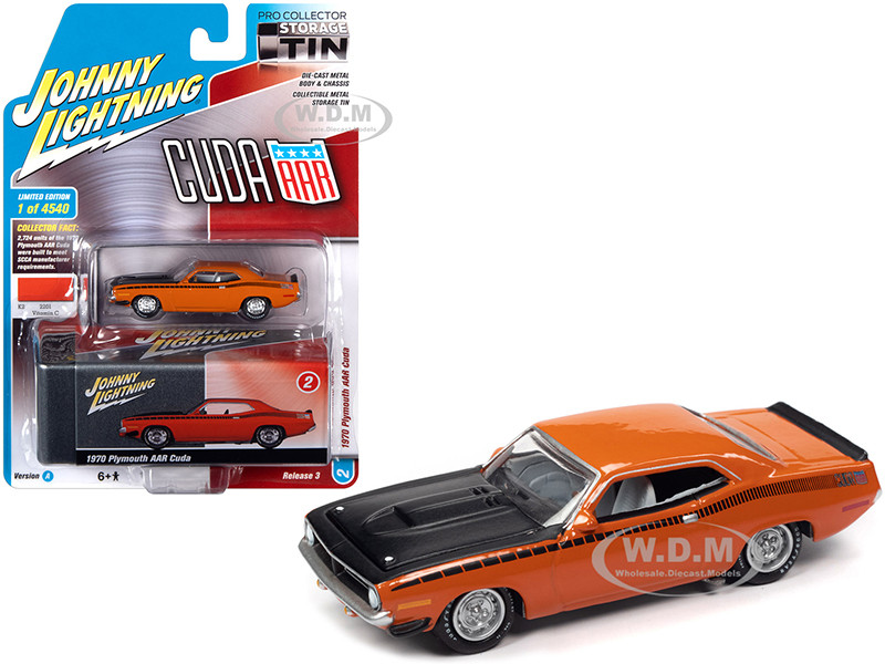 1970 Plymouth AAR Barracuda Vitamin C Orange Black Stripes Hood Collector Tin Limited Edition 4540 pieces Worldwide 1/64 Diecast Model Car Johnny Lightning JLCT005 JLSP108 A