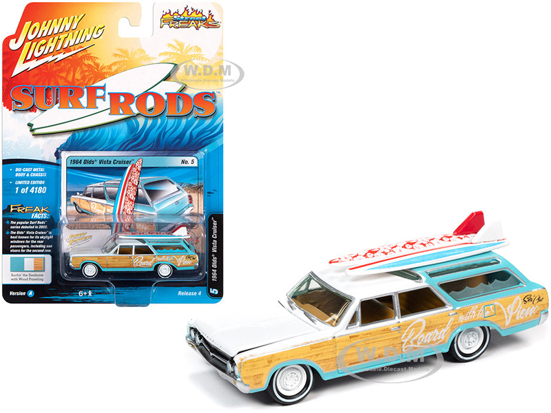 1964 Oldsmobile Vista Cruiser White Seafoam Green Wood Paneling Two Surfboards Surf Rods Limited Edition 4180 pieces Worldwide 1/64 Diecast Model Car Johnny Lightning JLSF018 JLSP110 A