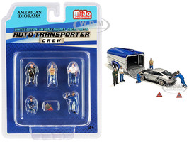 Auto Transporter Crew Diecast Set 7 pieces 5 Figurines 2 Warning Triangles 1/64 Scale Models American Diorama 76464