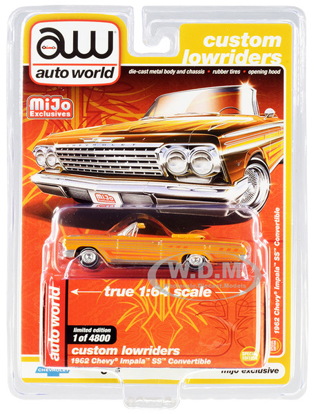 1962 Chevrolet Impala SS Convertible Yellow Graphics Custom Lowriders Limited Edition 4800 pieces Worldwide 1/64 Diecast Model Car Autoworld CP7739