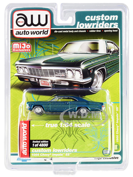 1966 Chevrolet Impala SS Blue Metallic Graphics Custom Lowriders Limited Edition 4800 pieces Worldwide 1/64 Diecast Model Car Autoworld CP7740