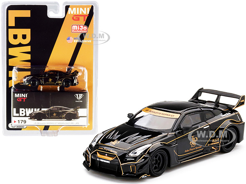 Nissan 35GT-RR Ver. 1 LB-Silhouette WORKS GT RHD Right Hand Drive Black Gold Stripes JPS John Players Special Limited Edition 3000 pieces Worldwide 1/64 Diecast Model Car True Scale Miniatures MGT00179