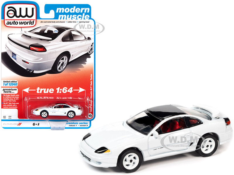 1992 Dodge Stealth R/T Twin Turbo White Black Top Red Interior Modern Muscle Limited Edition 12040 pieces Worldwide 1/64 Diecast Model Car Autoworld 64302 AWSP063 A