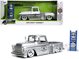 1955 Chevrolet Stepside Pickup Truck Iron Works Body Shop Silver Extra Wheels Just Trucks Series 1/24 Diecast Model Car Jada 32312