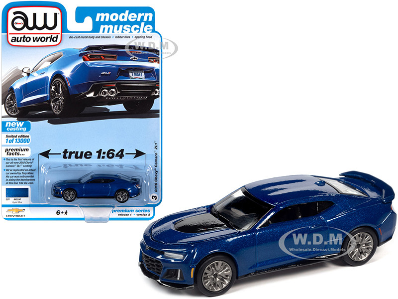 2018 Chevrolet Camaro ZL1 Hyper Blue Metallic Modern Muscle Limited Edition 13000 pieces Worldwide 1/64 Diecast Model Car Autoworld 64302 AWSP059 A
