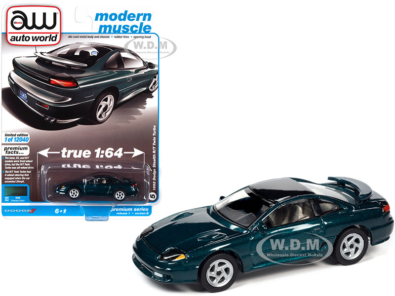 1992 Dodge Stealth R/T Twin Turbo Emerald Green Metallic Black Top Modern Muscle Limited Edition 12040 pieces Worldwide 1/64 Diecast Model Car Autoworld 64302 AWSP063 B