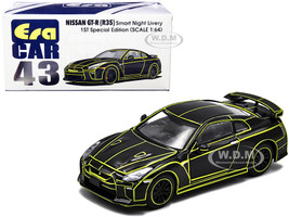 Nissan GT-R R35 RHD Right Hand Drive Smart Night Livery Black Yellow Stripes 1st Special Edition 1/64 Diecast Model Car Era Car NS20GTRRF43