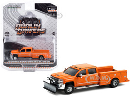 2018 Chevrolet Silverado 3500HD Dually Service Bed Truck Snow Plow Tangier Orange Dually Drivers Series 6 1/64 Diecast Model Car Greenlight 46060 B