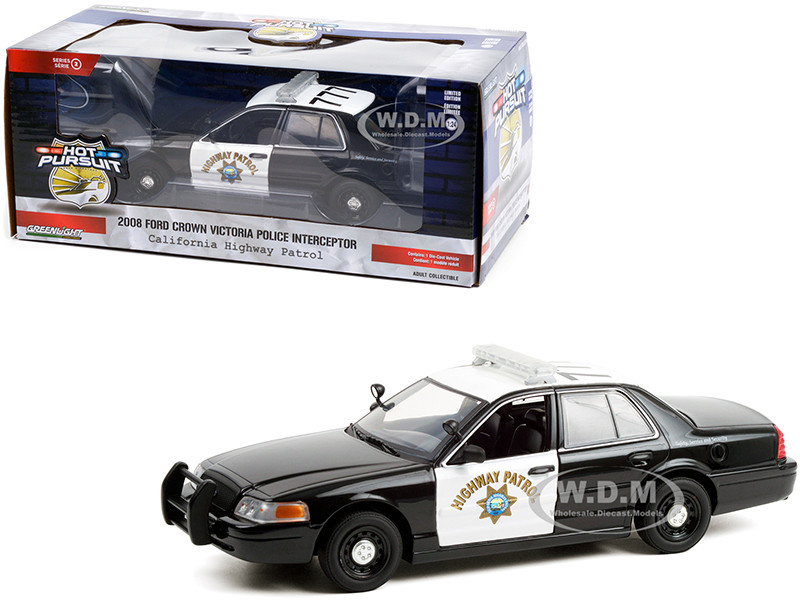 2008 Ford Crown Victoria Police Interceptor Black White CHP California Highway Patrol Hot Pursuit Series 1/24 Diecast Model Car Greenlight 85523