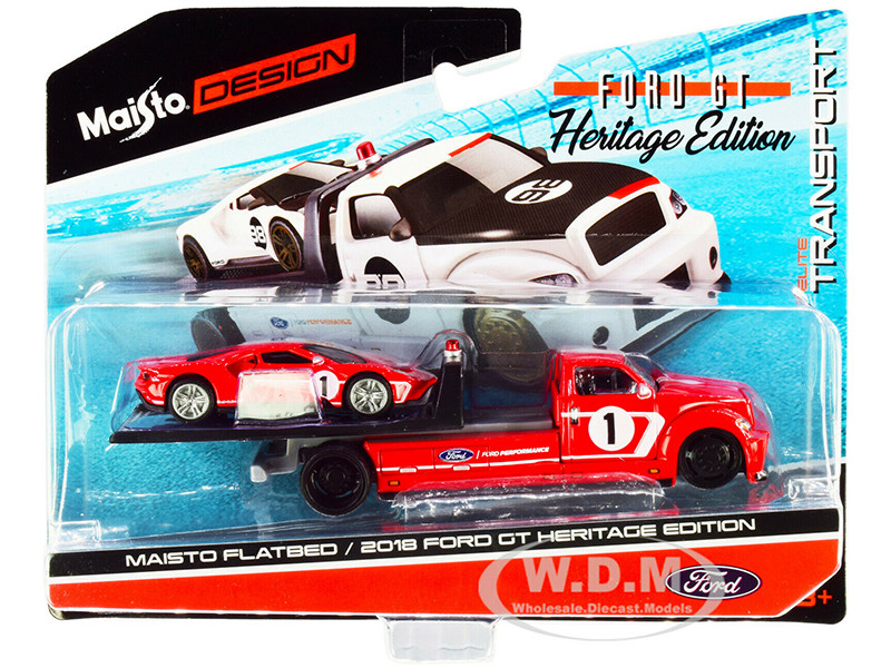 2018 Ford GT #1 Heritage Edition Flatbed Truck Red White Stripes Elite Transport Series 1/64 Diecast Model Cars Maisto 15108-21 C