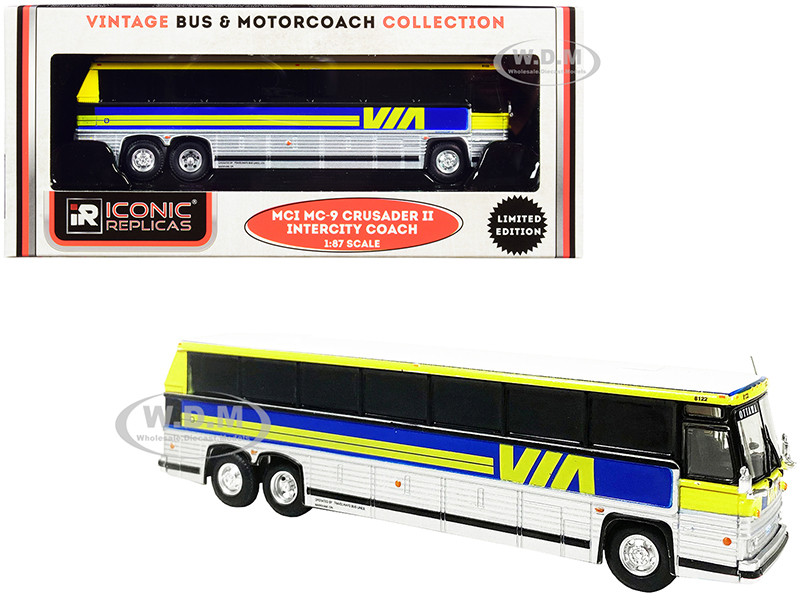 1980 MCI MC-9 Crusader II Intercity Coach Bus Via Rail Canada Yellow Silver Blue Stripes Vintage Bus & Motorcoach Collection 1/87 HO Diecast Model Iconic Replicas 87-0230