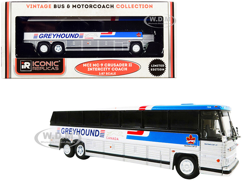 1980 MCI MC-9 Crusader II Intercity Coach Bus Greyhound Canada White Silver Stripes Vintage Bus & Motorcoach Collection 1/87 HO Diecast Model Iconic Replicas 87-0246