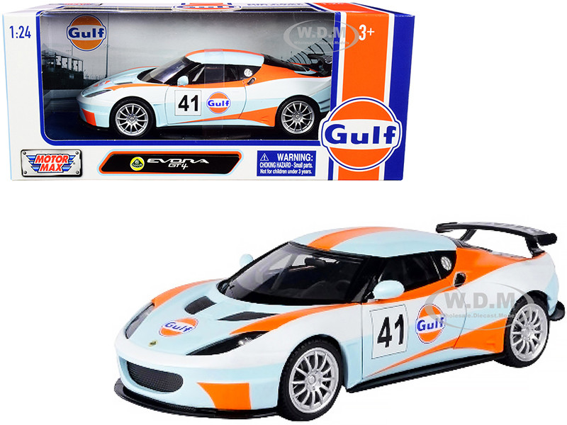 Lotus Evora GT4 #41 Gulf Oil Light Blue White Orange Stripes 1/24 Diecast Model Car Motormax 79660