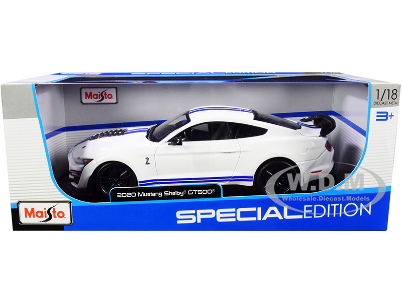 2020 Ford Mustang Shelby GT500 White Blue Stripes Special Edition 1/18 Diecast Model Car Maisto 31452