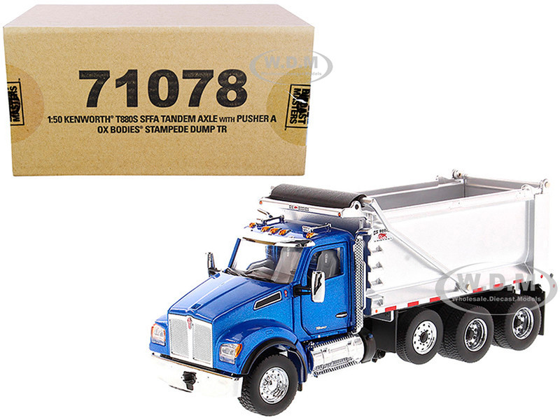 Kenworth T880S SFFA Tandem Axle Pusher Axle OX Stampede Dump Truck Blue and Chrome Transport Series 1/50 Diecast Model Diecast Masters 71078