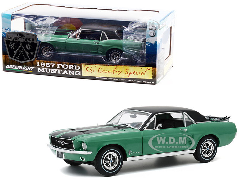 1967 Ford Mustang Coupe Loveland Green Metallic Black Stripes Black Top Pair of Skis Ski Country Special 1/18 Diecast Model Car Greenlight 13575