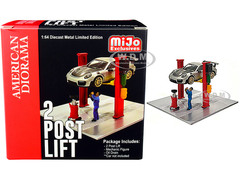 Two Post Lift Red Mechanic Figurine Oil Drainer Diorama Set 1/64 Scale Models American Diorama 38375