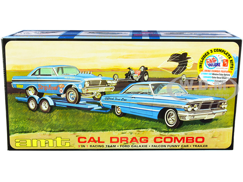 Skill 2 Model Kit Ford Cal Drag Team Ford Galaxie Ford Falcon Funny Car Trailer Set 3 Complete Kits 1/25 Scale Models AMT AMT1223