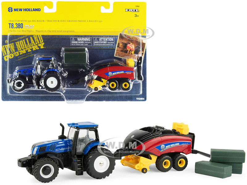 New Holland T8.380 Genesis Tractor Blue New Holland Big Baler 330 Red 3 Bales Set 3 pieces 1/64 Diecast Models ERTL TOMY 13948