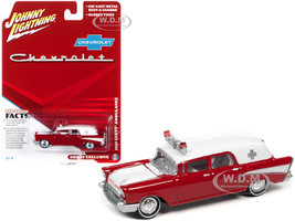 1957 Chevrolet Ambulance Kosmos Red White White Interior 1/64 Diecast Model Car Johnny Lightning JLSP130