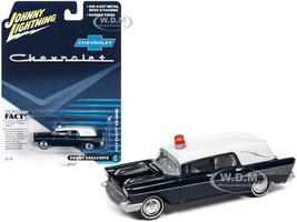1957 Chevrolet Hearse Metisse Blue Metallic White Top 1/64 Diecast Model Car Johnny Lightning JLSP131