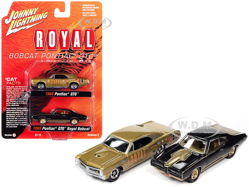 1966 Pontiac GTO Royal Gold 1969 Pontiac GTO Royal Bobcat Espresso Brown Pontiac Royal Set of 2 pieces 1/64 Diecast Model Cars Johnny Lightning JLPK013 JLSP161 A