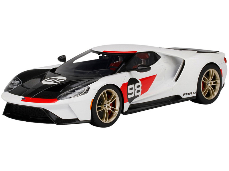 2021 Ford GT #98 White Black Hood Heritage Edition 1/18 Model Car Top Speed TS0317