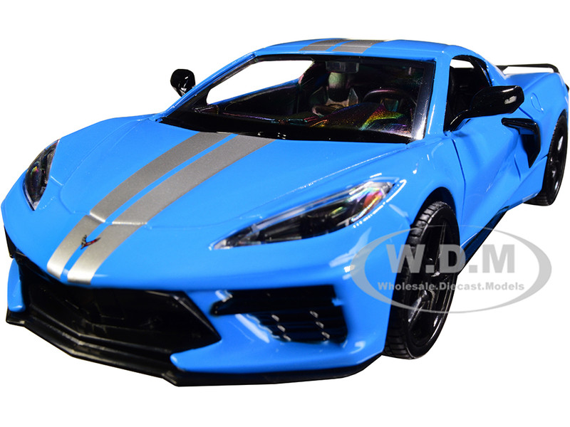 2020 Chevrolet Corvette C8 Stingray Blue Silver Racing Stripes Timeless Legends 1/24 Diecast Model Car Motormax 79360