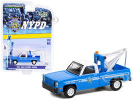 1987 GMC Sierra K2500 Tow Truck Drop in Tow Hook Blue White Top New York City Police Dept NYPD Hobby Exclusive 1/64 Diecast Model Car Greenlight 30236
