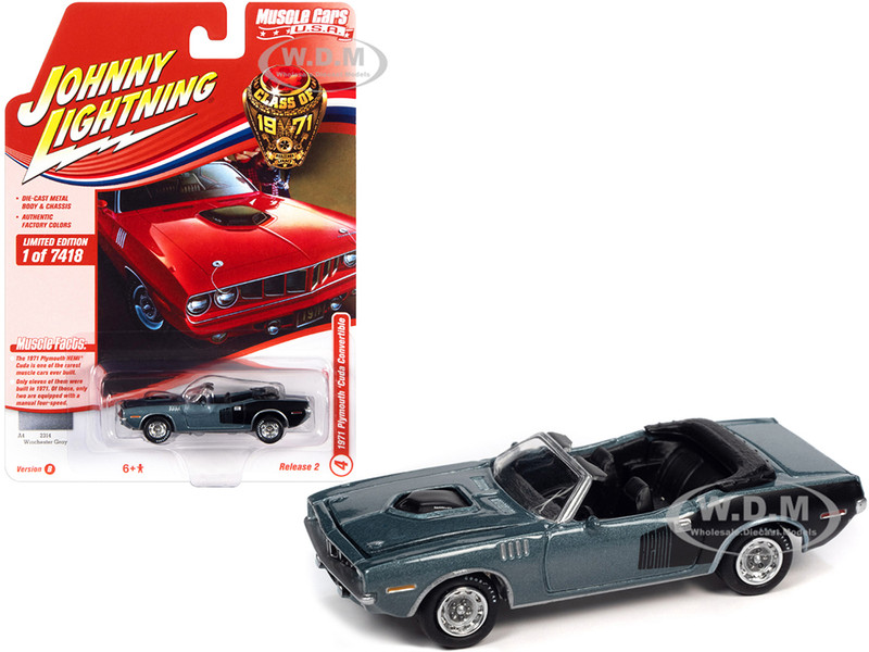 1971 Plymouth Barracuda Convertible Winchester Gray Metallic Black Hemi Side Billboards Class of 1971 Limited Edition 7418 pieces Worldwide Muscle Cars USA Series 1/64 Diecast Model Car Johnny Lightning JLMC026 JLSP153 B