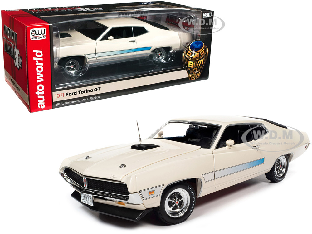 1971 Ford Torino GT Wimbledon White Blue Laser Stripes Class of 1971  American Muscle 30th Anniversary 1991 2021 1/18 Diecast Model Car Auto  World AMM1256