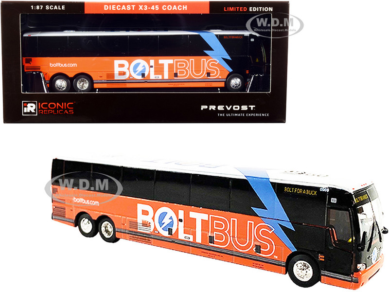 Prevost X3-45 Coach Bus Bolt for a Buck Orange White Bolt Bus 1/87 HO Diecast Model Iconic Replicas 87-0276