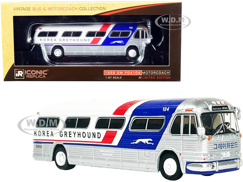 1959 GM PD4104 Motorcoach Bus Seoul Korea Greyhound Silver White Red Blue Stripes Vintage Bus & Motorcoach Collection 1/87 HO Diecast Model Iconic Replicas 87-0299