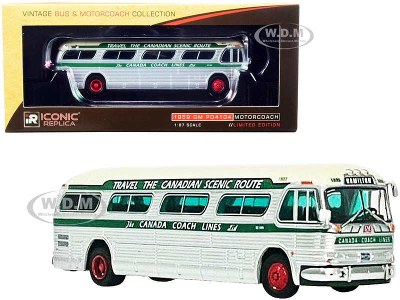 1959 GM PD4104 Motorcoach Bus Hamilton Canada Coach Lines Silver Cream Green Stripes Vintage Bus & Motorcoach Collection 1/87 HO Diecast Model Iconic Replicas 87-0300