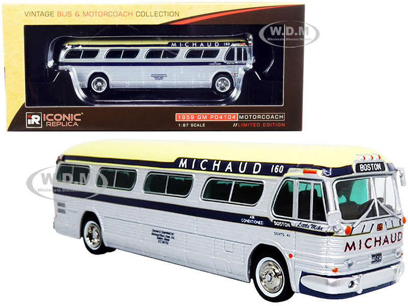 1959 GM PD4104 Motorcoach Bus Boston Michaud Lines Silver Cream Dark Blue Stripes Vintage Bus & Motorcoach Collection 1/87 HO Diecast Model Iconic Replicas 87-0303