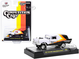 1957 Chevrolet Sedan Delivery Gasser Competition Cams White Black Yellow Orange Stripes Limited Edition 7480 pieces Worldwide 1/64 Diecast Model Car M2 Machines 31600-GS09