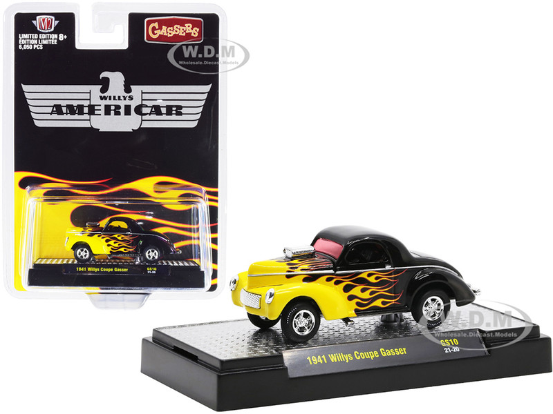 1941 Willys Coupe Gasser Black Yellow Flames Limited Edition 6050 pieces Worldwide 1/64 Diecast Model Car M2 Machines 31600-GS10