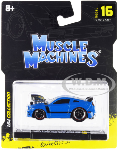 2013 Ford Mustang Boss 302 Light Blue Black Stripes 1/64 Diecast Model Car Muscle Machines 15544