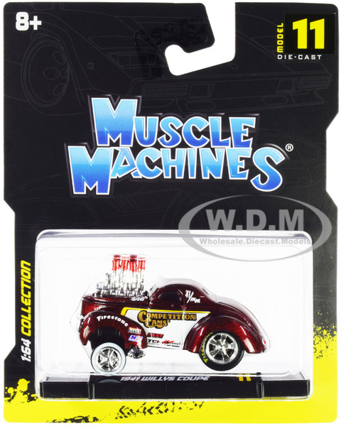 1941 Willys Coupe Gasser Competition Cams Red Metallic White 1/64 Diecast Model Car Muscle Machines 15549