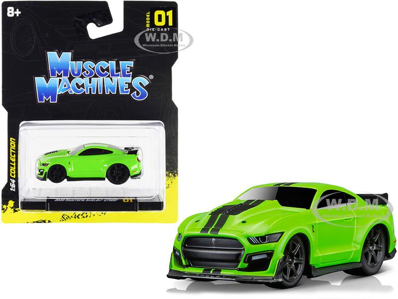 2020 Ford Mustang Shelby GT500 Bright Green Black Stripes 1/64 Diecast Model Car Muscle Machines 15550