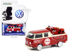1968 Volkswagen Type 2 Double Cab Pickup Truck Red Cream America's First Motorcycle Company 1920 Indian Scout Motorcycle Red Club Vee V-Dub Series 13 1/64 Diecast Model Car Greenlight 36030 A