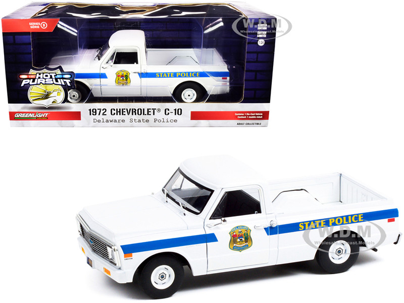 1972 Chevrolet C-10 Pickup Truck White Blue Stripes Delaware State Police Hot Pursuit Series 1/24 Diecast Model Car Greenlight 85531