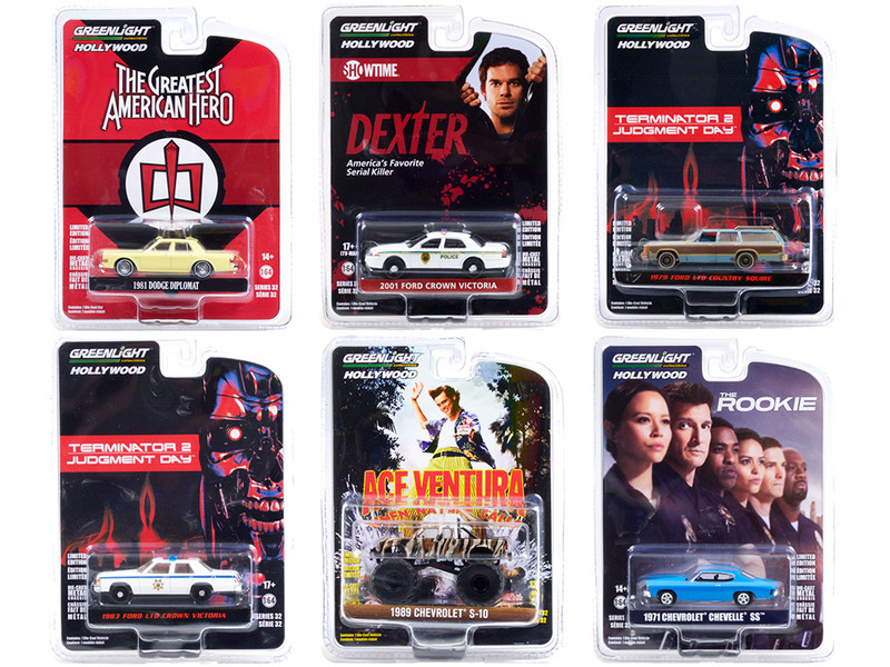 Hollywood Series Set of 6 pieces Release 32 1/64 Diecast Model Cars Greenlight 44920